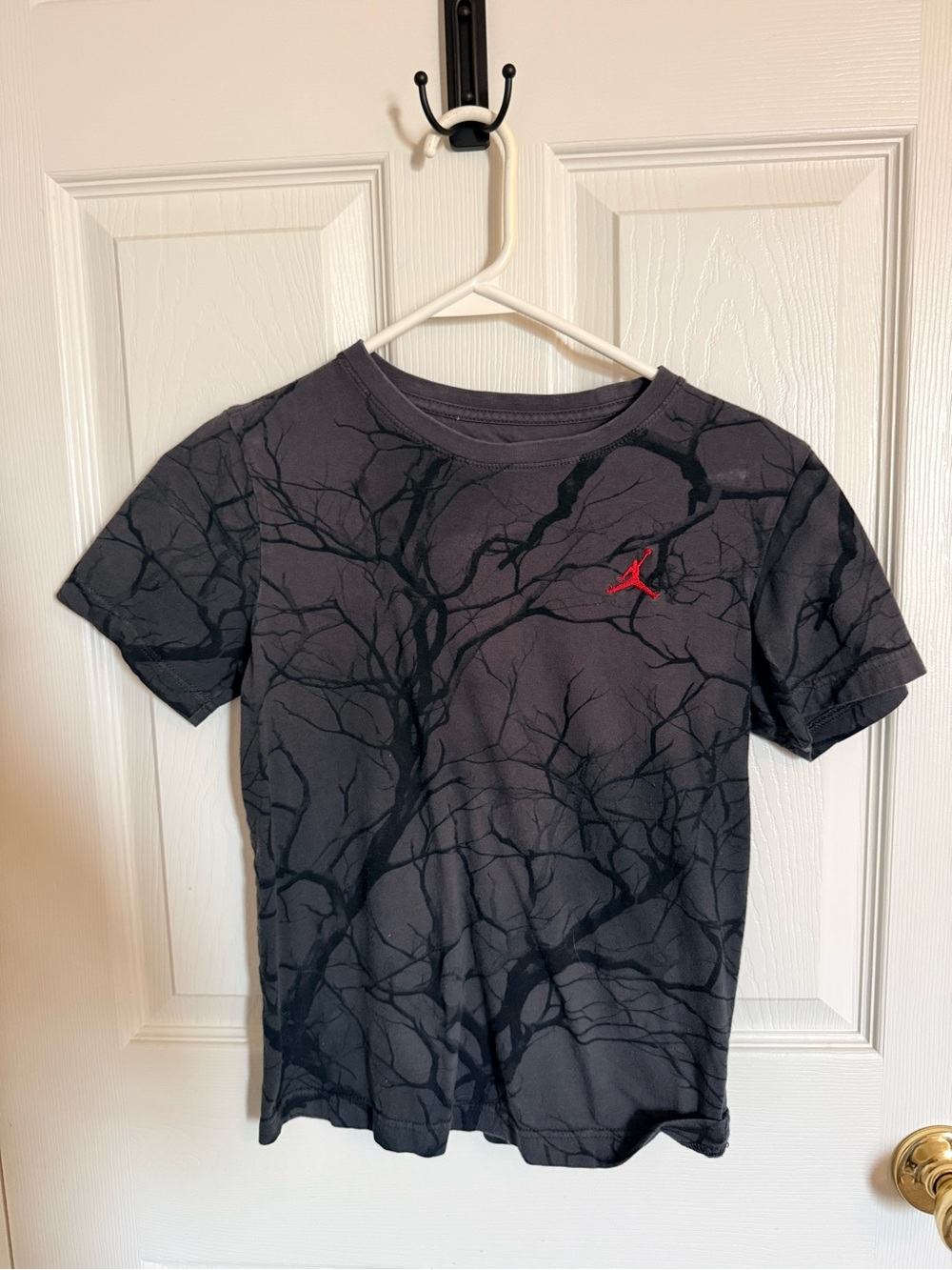 Jordan Short Sleeve Tee with Black Tree-Branch Graphic and Red Jumpman